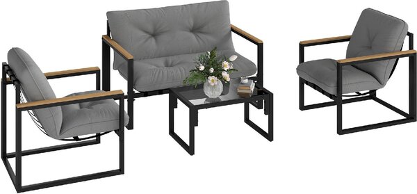 VivaGarden Salotto da Giardino con Divano 2 Posti 2 Poltrone e Tavolino con Cuscini in Acciaio/Poliestere colore Grigio Chiaro/Nero