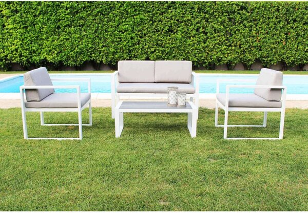 VivaGarden Salotto da Giardino con Divano 2 Posti 2 Poltrone e Tavolino con Cuscini in Alluminio colore Bianco - Imperia