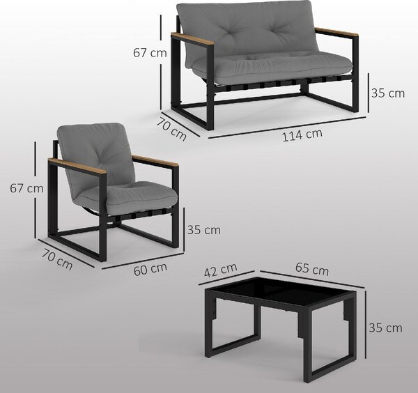 VivaGarden Salotto da Giardino con Divano 2 Posti 2 Poltrone e Tavolino con Cuscini in Acciaio/Poliestere colore Grigio Chiaro/Nero