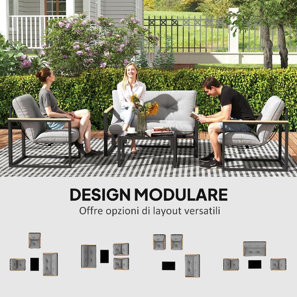 VivaGarden Salotto da Giardino con Divano 2 Posti 2 Poltrone e Tavolino con Cuscini in Acciaio/Poliestere colore Grigio Chiaro/Nero