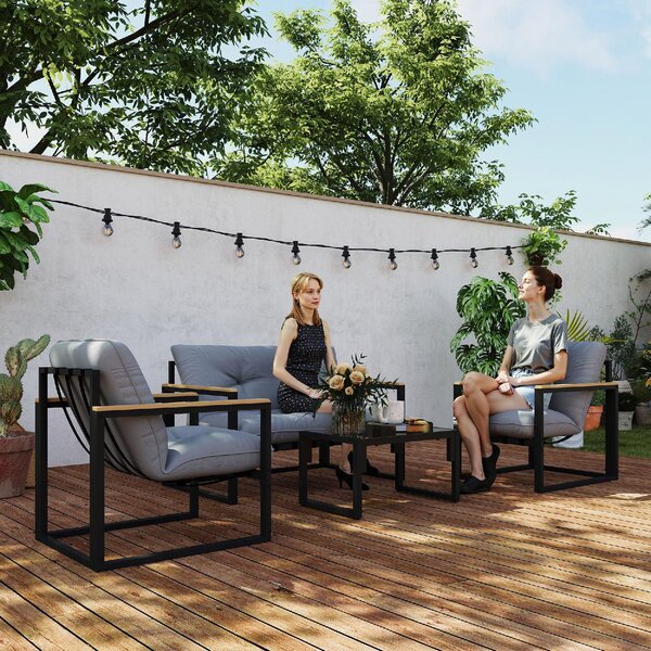 VivaGarden Salotto da Giardino con Divano 2 Posti 2 Poltrone e Tavolino con Cuscini in Acciaio/Poliestere colore Grigio Chiaro/Nero