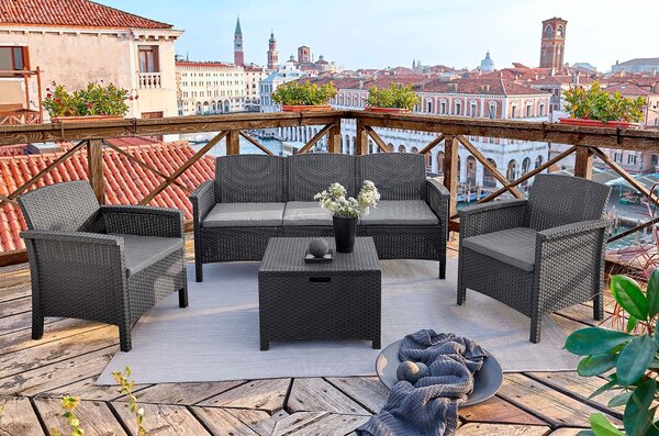 BICA Salotto da Giardino con Divano 3 Posti 2 Poltrone e Tavolino con Cuscini in Rattan PE colore Grafite - Venezia III