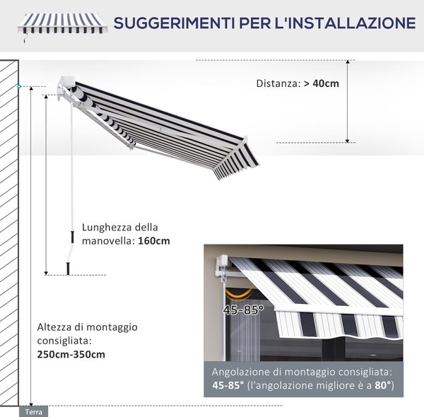 Outsunny Tenda da Sole Avvolgibile Versatile Manuale Esterno Tessuto di Poliestere per Porte e Finestre, 2.5×2m, Blu e bianco | Aosom Italy