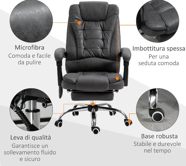 DecHome Sedia da ufficio con Ruote e Braccioli Reclinabile con Poggiapiedi e Poggiatesta Schienale Massaggiante in Ecopelle colore Grigio