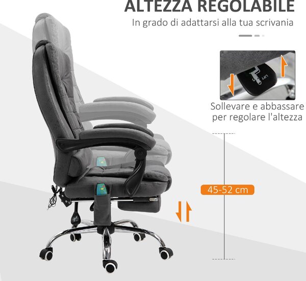 DecHome Sedia da ufficio con Ruote e Braccioli Reclinabile con Poggiapiedi e Poggiatesta Schienale Massaggiante in Ecopelle colore Grigio