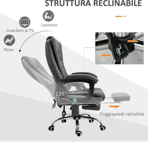 DecHome Sedia da ufficio con Ruote e Braccioli Reclinabile con Poggiapiedi e Poggiatesta Schienale Massaggiante in Ecopelle colore Grigio