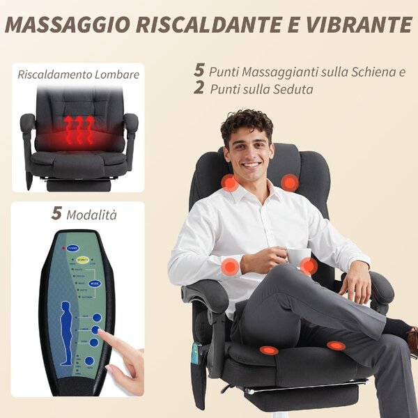 Icon Space Sedia da Ufficio con Ruote e Braccioli Reclinabile con Poggiapiedi e Poggiatesta Schienale Massaggiante in Tessuto colore Grigio