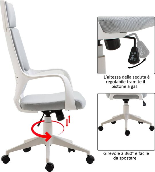 DecHome Sedia Ergonomica con Ruote Braccioli e Poggiatesta in Tessuto Mesh colore Grigio/Bianco