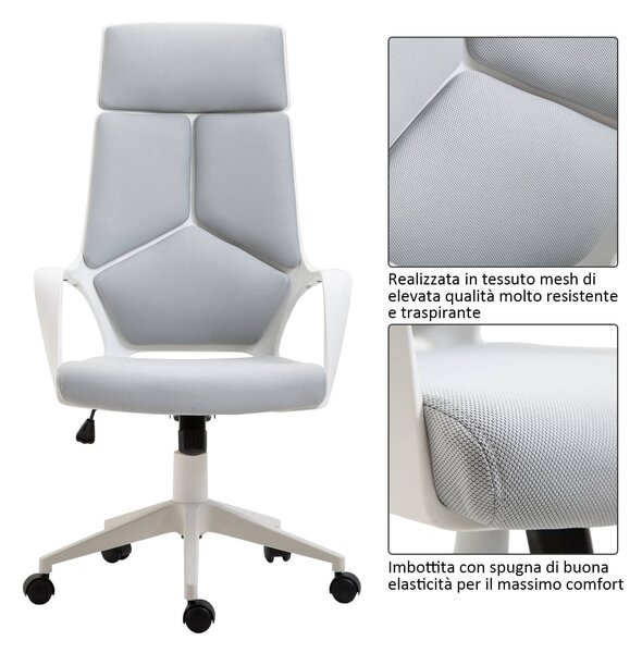 DecHome Sedia Ergonomica con Ruote Braccioli e Poggiatesta in Tessuto Mesh colore Grigio/Bianco
