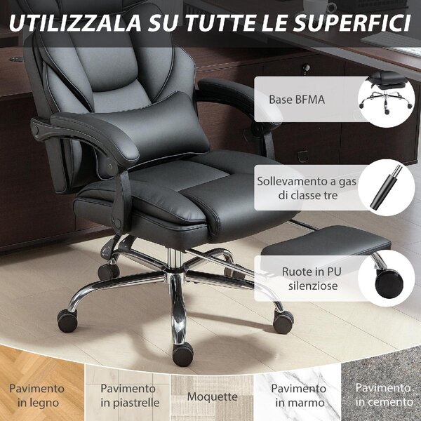 Icon Space Sedia Ergonomica con Ruote Braccioli Poggiatesta e Poggiapiedi in Ecopelle colore Nero