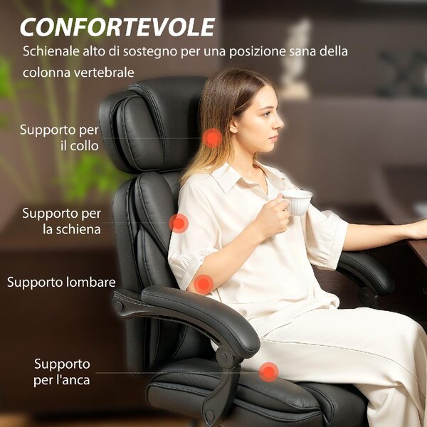 Icon Space Sedia Ergonomica con Ruote Braccioli Poggiatesta e Poggiapiedi in Ecopelle colore Nero