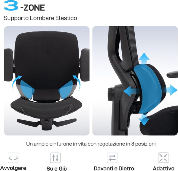 Icon Space Sedia Ergonomica con Ruote e Braccioli Reclinabile con Poggiapiedi e Poggiatesta in Tessuto Mesh colore Nero