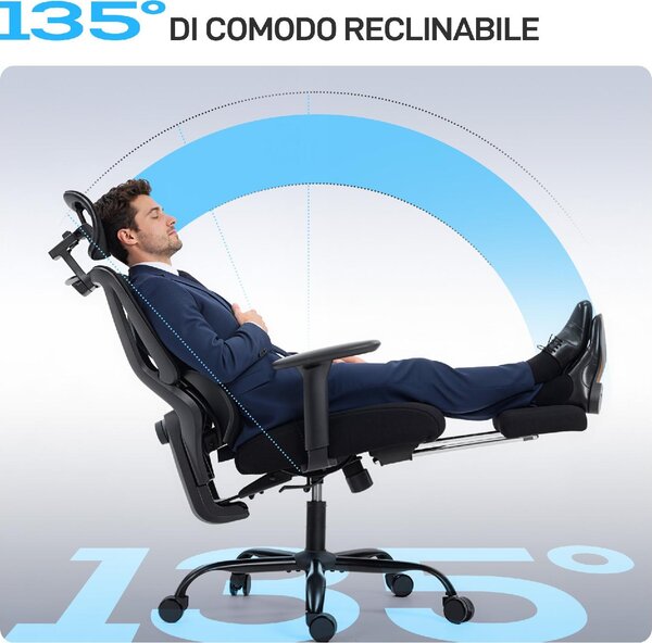 Icon Space Sedia Ergonomica con Ruote e Braccioli Reclinabile con Poggiapiedi e Poggiatesta in Tessuto Mesh colore Nero