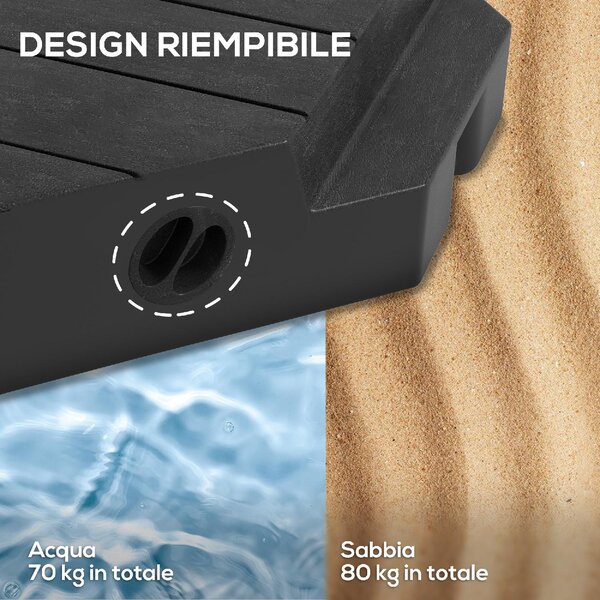 VivaGarden Set 4 Mattonelle Base per Ombrellone a Braccio Riempibili con Acqua o Sabbia fino a 80 kg colore Nero
