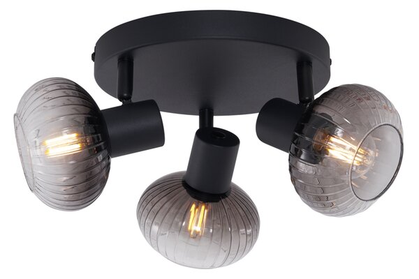 Faretto da soffitto moderno nero con vetro fumé rotondo a 3 luci - Teddy