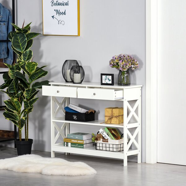 HOMCOM Tavolo Moderna Consolle da Ingresso con 2 Cassetti e 2 Mensole, Mobile da Soggiorno in MDF, 100x30.5x80cm, Bianco|Aosom Italy