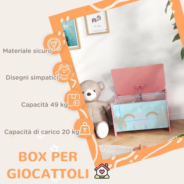 ZONEKIZ Baule Portagiochi per Bambini con Coperchio e Cerniera di Sicurezza in MDF, 60x37x39cm, Rosa