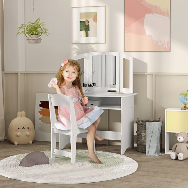 AIYAPLAY Set da Trucco per Bambini con Tavolo Toeletta con Specchio Triplo Rimovibile e Sedia in Legno Bianco