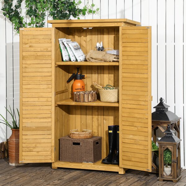 Outsunny Casetta in Legno da Giardino con Tetto Impermeabile, Armadio da Esterno Porta Attrezzi da Giardino con 3 Mensole, 87x46.5x160cm