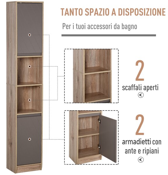 HOMCOM Mobiletto Bagno Salvaspazio con 2 Armadietti e Ripiani Regolabili, Portaoggetti Indipendente Alto a Colonna, Grigio e Rovere| Aosom Italy