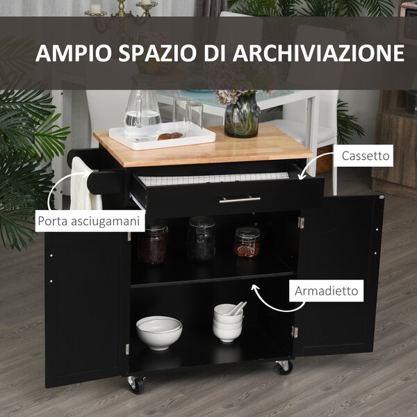 HOMCOM Carrello da Cucina con Armadietto 2 Ante e Cassetto, Ruote e Barra Laterale, 83x45x91.5 cm, Nero | Aosom Italy