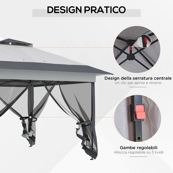 Outsunny Gazebo da Esterno 3.6x3.6m in Acciaio e Tessuto Oxford Anti-UV con Zanzariere e Altezza Regolabile, Gazebo Pieghevole, Grigio|Aosom