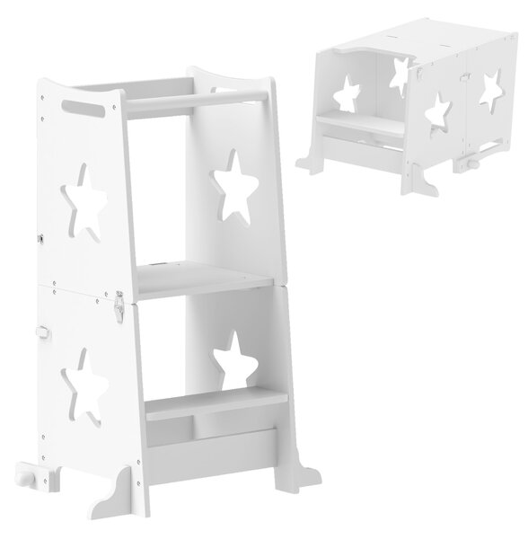 AIYAPLAY Scala Montessori Convertibile in Set Tavolo e Sedie con Barra di Sicurezza, in Legno, 60x44.5x86 cm, Bianco