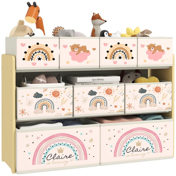 AIYAPLAY Mobile Portagiochi per Bambini a 3 Livelli con 9 Contenitori in Tessuto, 93x30x70 cm, Giallo