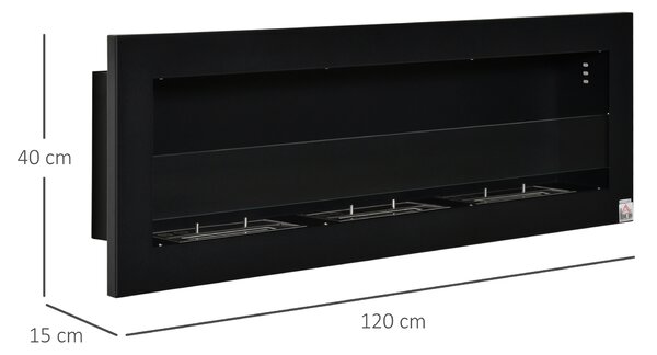 HOMCOM Camino Bioetanolo da Parete con 3 Serbatoi da 1L e Copertura 20m², Biocamino in Acciaio e Vetro, 120x15x40cm, Nero