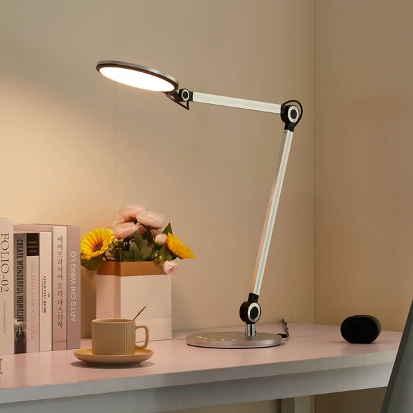 Lampada da scrivania Nyxaris Lindby, dimmerabile, Alluminio / Grigio / Zincato, Studio / Ufficio, Plastica, Moderno, Lampada da tavolo LED