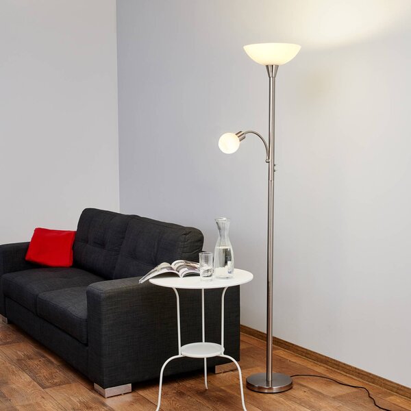 Lampada da terra Lindby Elaina, lampada lettura, color nichel, 180 cm, E27 Elaina, Alluminio / Grigio / Zincato, Soggiorno / Sala da pranzo, Metallo, Moderno, Lampada da terra