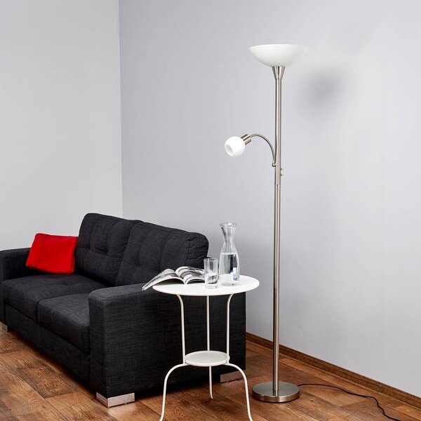 Lampada da terra Lindby Elaina, lampada lettura, color nichel, 180 cm, E27 Elaina, Alluminio / Grigio / Zincato, Soggiorno / Sala da pranzo, Metallo, Moderno, Lampada da terra