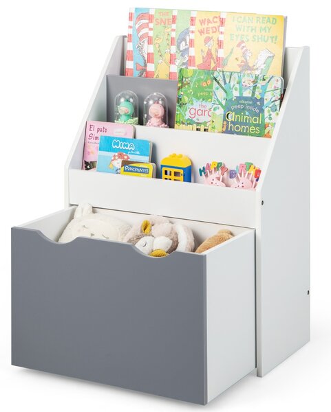 Costway Scaffale per bambini con 3 ripiani e scatola di giocattoli, Libreria perfetta per la stanza dei giochi Grigio