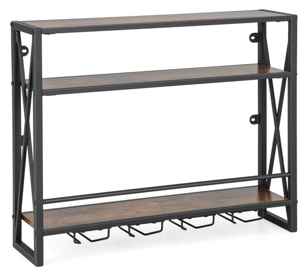 Costway Portabottiglie da parete a 3 livelli con porta calici e telaio in metallo, Mobile portabottiglie a muro Marrone