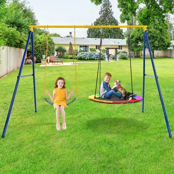 Costway Set di 2 altalene con supporto in acciaio per bambini da 3 pezzi, Altalena elastica e a disco volante per parco
