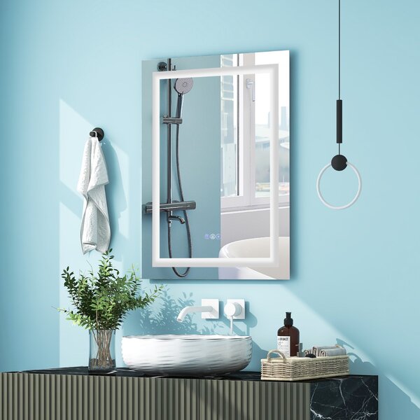 Costway Specchio bagno dimmerabile retroilluminato con luce LED frontale 80x60cm, Specchio da parete con pulsanti touch