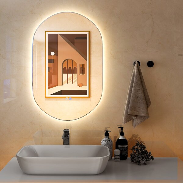 Costway Specchio bagno antiesplosione con luce LED 80x50cm, Specchio a parete ovale con 3 tonalità di luce pulsanti touch