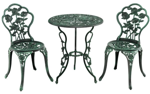 Costway Set 3 pezzi da esterno in ghisa e alluminio, Tavolo con foro per ombrellone e 2 sedie da giardino Verde scuro