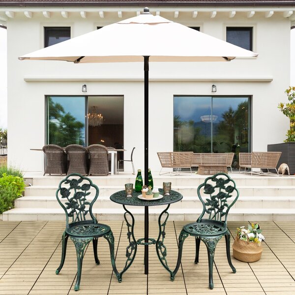 Costway Set 3 pezzi da esterno in ghisa e alluminio, Tavolo con foro per ombrellone e 2 sedie da giardino Verde scuro