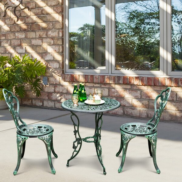 Costway Set 3 pezzi da esterno in ghisa e alluminio, Tavolo con foro per ombrellone e 2 sedie da giardino Verde scuro