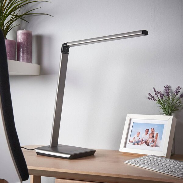 Lampada da scrivania Kuno Lindby, dimmerabile, Alluminio / Grigio / Zincato, Studio / Ufficio, Plastica, Moderno, Lampada da tavolo LED