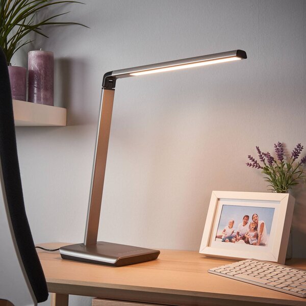 Lampada da scrivania Kuno Lindby, dimmerabile, Alluminio / Grigio / Zincato, Studio / Ufficio, Plastica, Moderno, Lampada da tavolo LED
