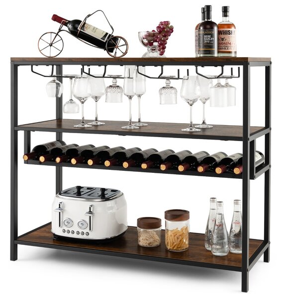 Costway Tavolo portabottiglie con 4 file di porta bicchieri ampio ripiano superiore e aperto, Mobile bar industriale