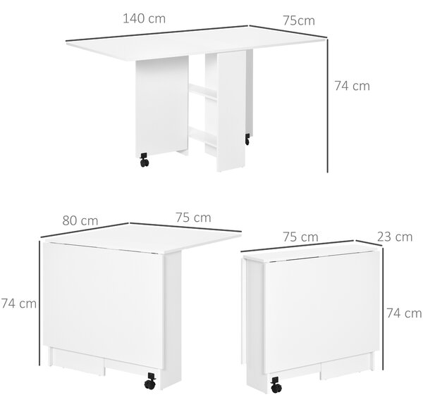 HomCom Tavolo Pieghevole Richiudibile Design Moderno Salvaspazio Scrivania Mensola in Legno Bianco con Ruote|Aosom