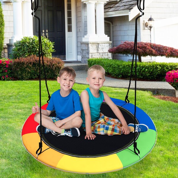 Costway Altalena a nido 100cm per bambini, Altalena rotonda con luci LED 2 funi regolabili portata 300kg da esterno Colorato