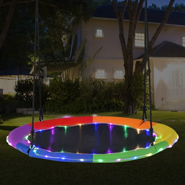 Costway Altalena a nido 100cm per bambini, Altalena rotonda con luci LED 2 funi regolabili portata 300kg da esterno Colorato