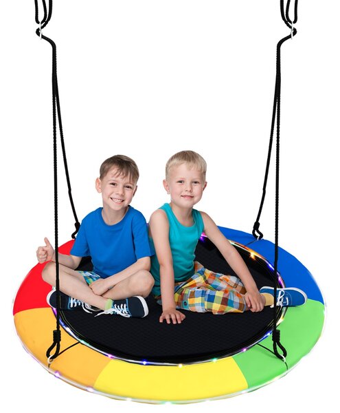 Costway Altalena a nido 100cm per bambini, Altalena rotonda con luci LED 2 funi regolabili portata 300kg da esterno Colorato