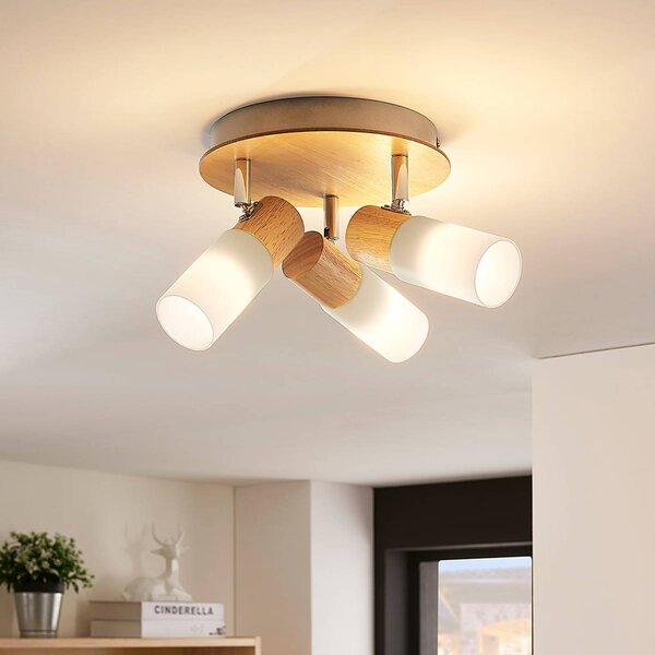 Faretto da soffitto Lindby Christoph, 20 cm, a 3 luci, legno, rondel Christoph Lindby, dimmerabile, Legno chiaro, Soggiorno / Sala da pranzo, Legno, Campagna / Rustiche, Faretto
