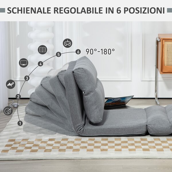 HOMCOM Poltrona da Terra Pieghevole 3 in 1 Trasformabile in Chaise Longue e Letto, in Tessuto Effetto Lino, Grigio | Aosom Italy