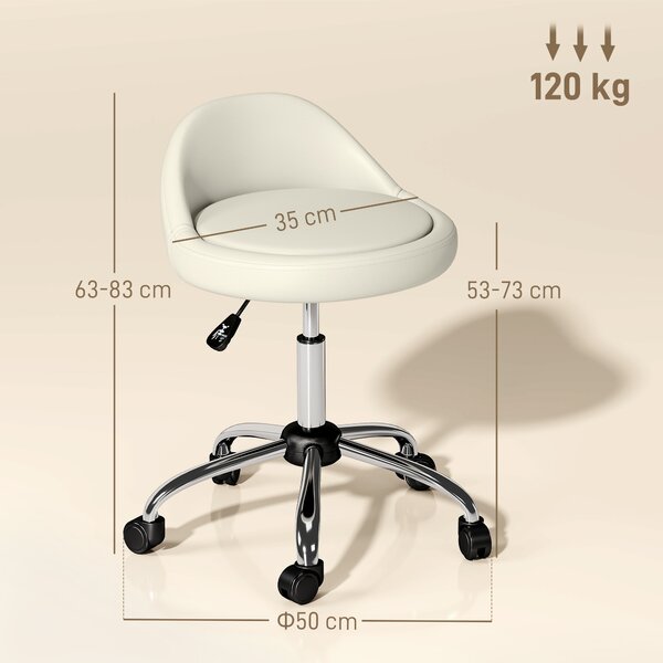 HOMCOM Sgabello con Ruote, Seduta Girevole, Altezza Regolabile e Rivestimento in Finta Pelle PU, Bianco | Aosom Italy